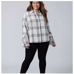New LANE BRYANT Plaid Ruffle Bell Sleeve Button Front Shirt Blouse Top Plus 26w